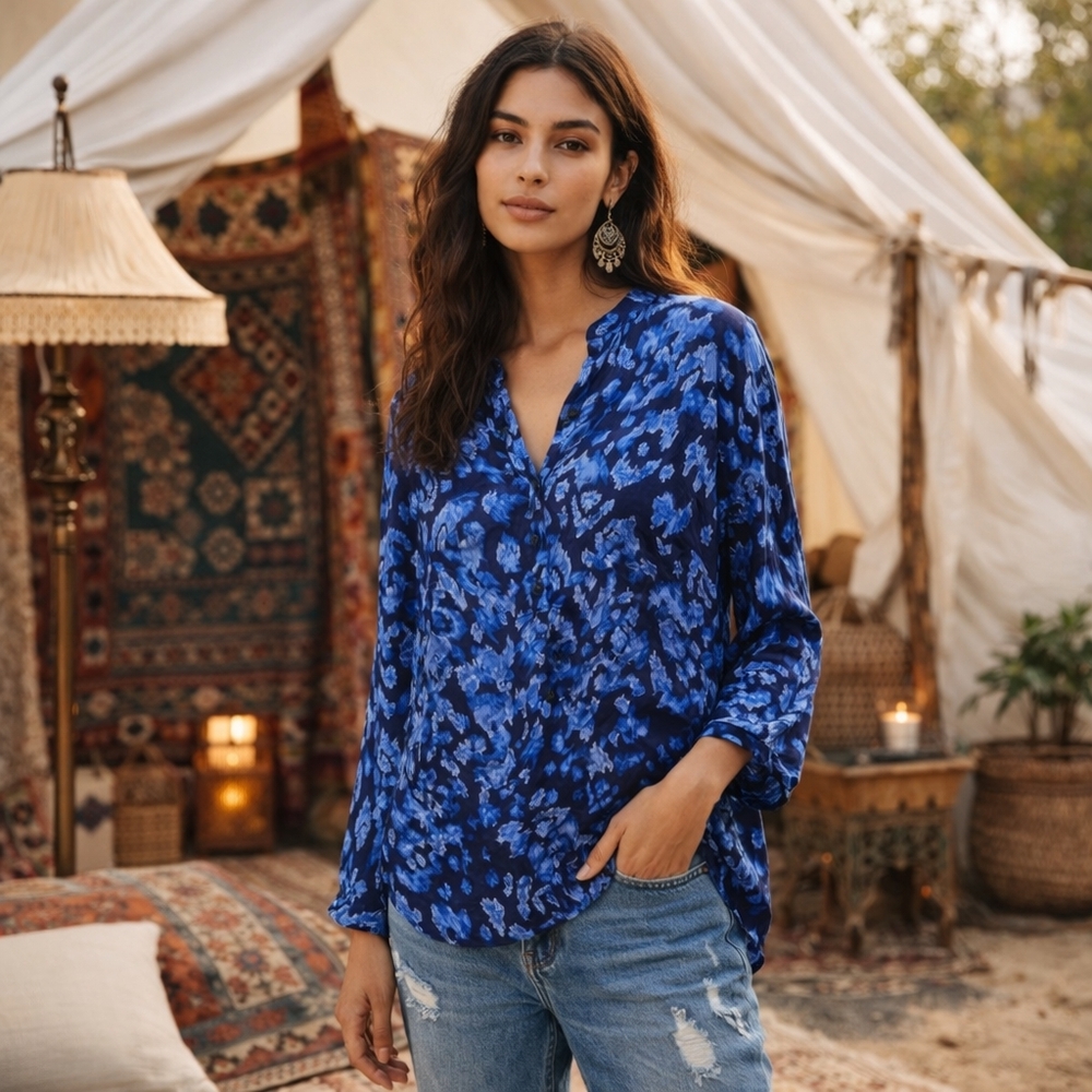 Banana Republic 100% Silk Blue Floral Blouse Lightweight Luxe Boho Chic Top